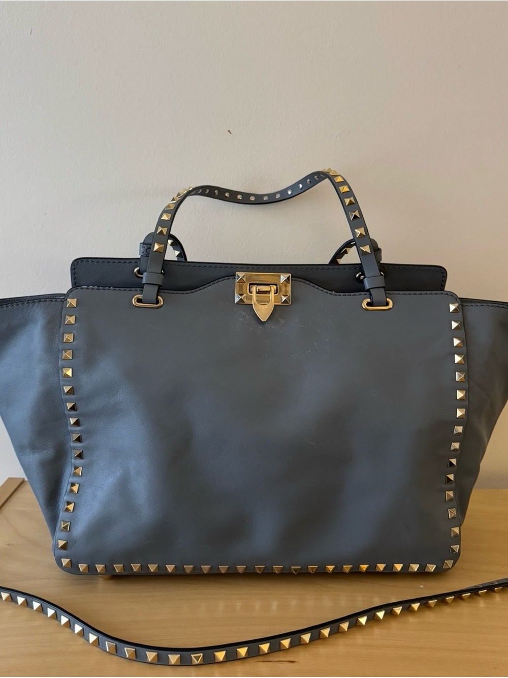 Valentino Garavani Rockstud Trapeze Large Dust Blue Satchel Tote